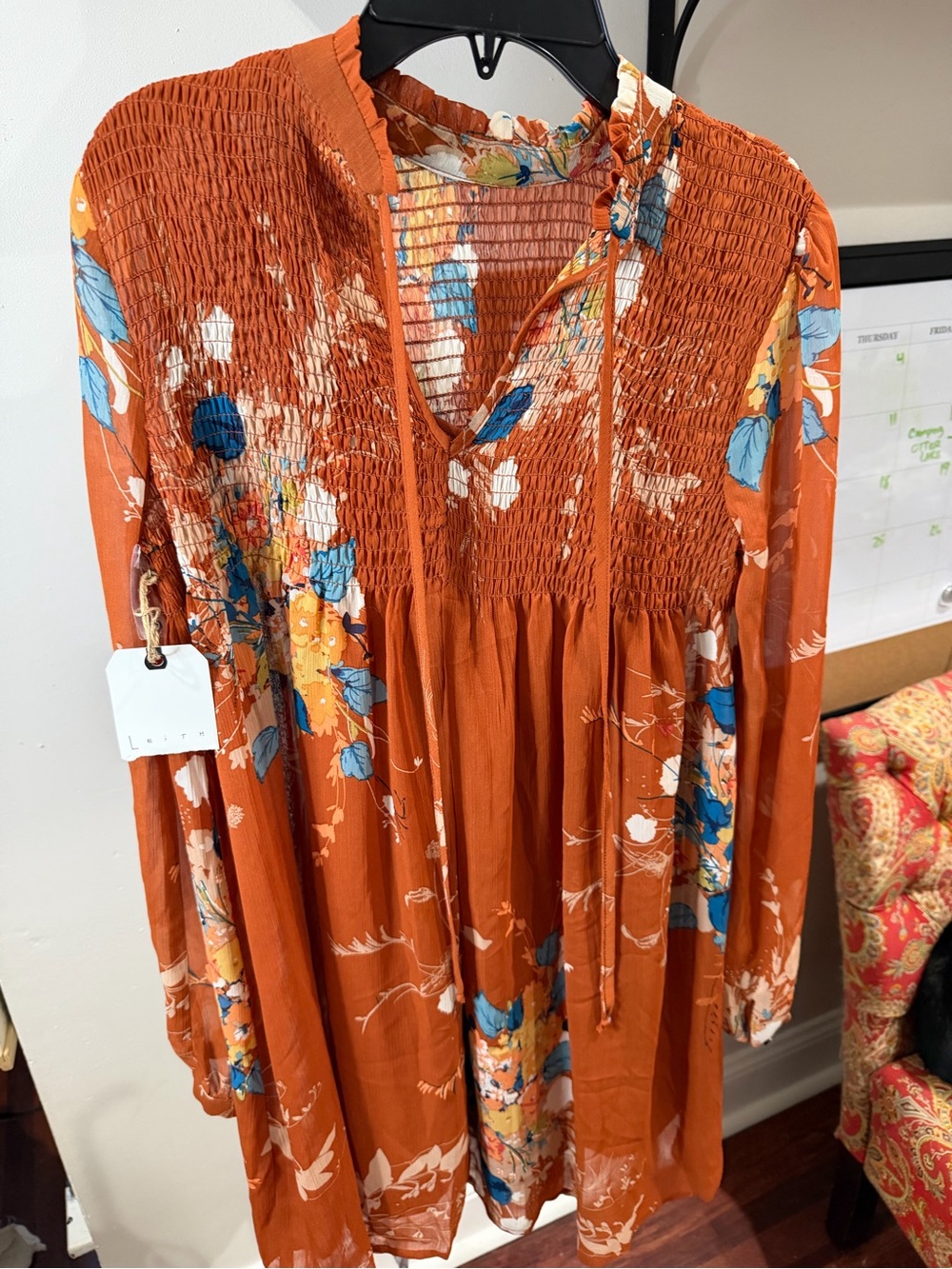 Leith Rust Floral Long-Sleeve Smocked Midi Dress
